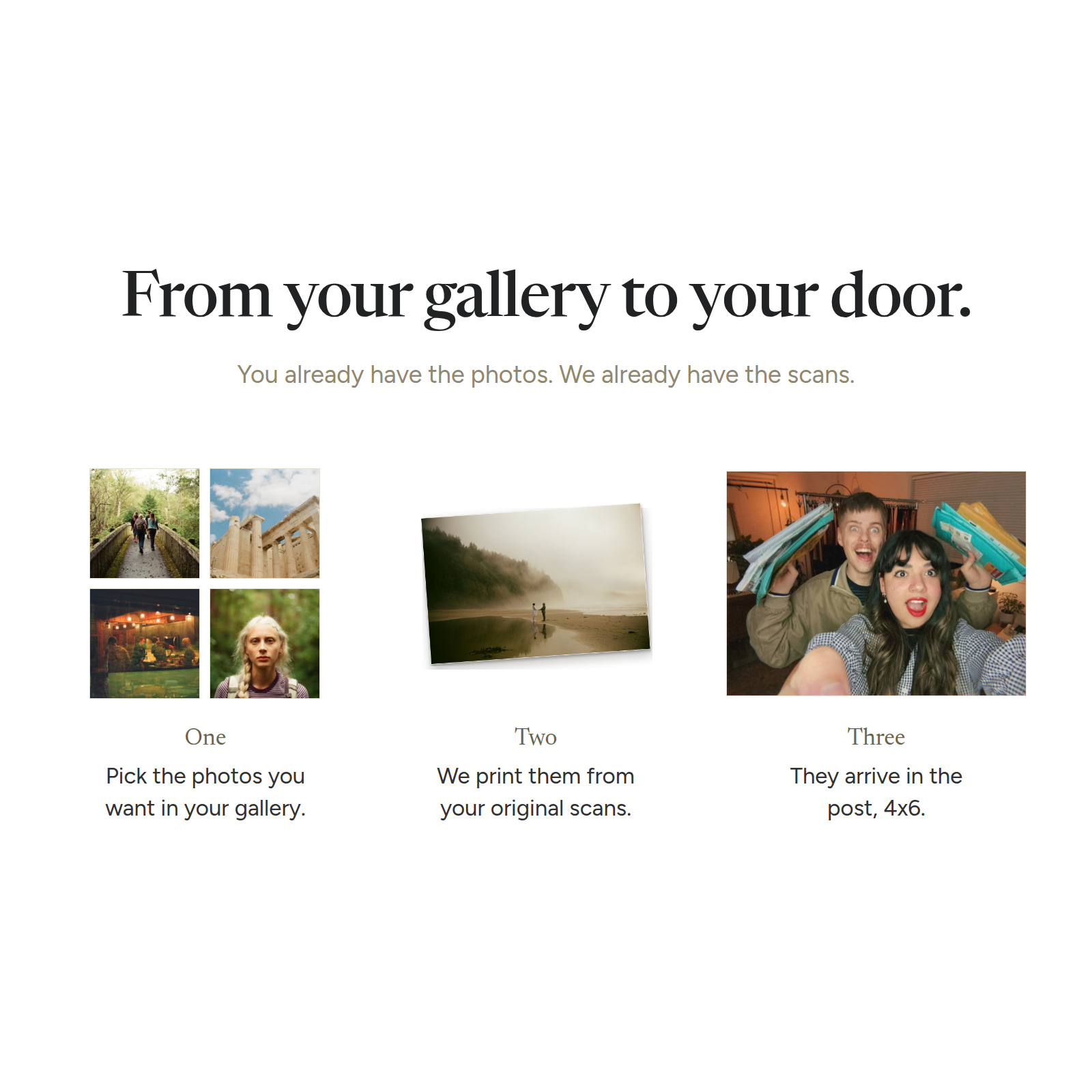 From your gallery to your door in three steps: pick the photos in your gallery, we print them from your original scans, they arrive in the post at 4x6