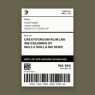 A prepaid CreativeRoom Film Lab mailing label, addressed to 306 Columbia St, Walla Walla WA 99362, marked prepaid and max 1 lb