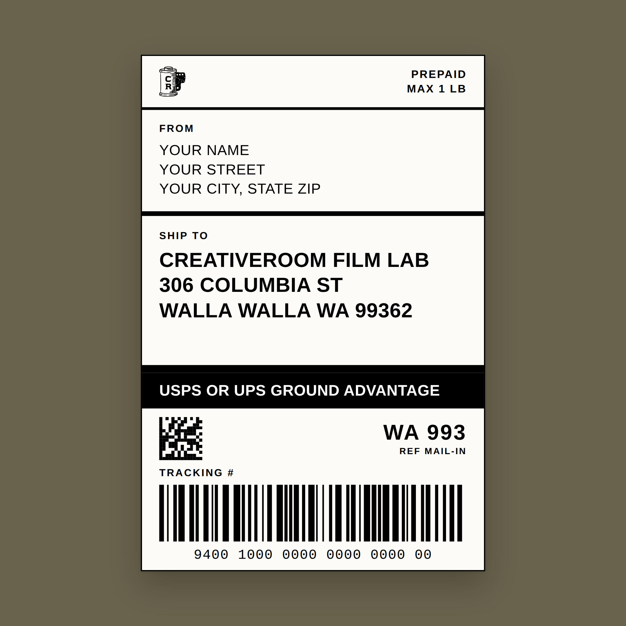 A prepaid CreativeRoom Film Lab mailing label, addressed to 306 Columbia St, Walla Walla WA 99362, marked prepaid and max 1 lb