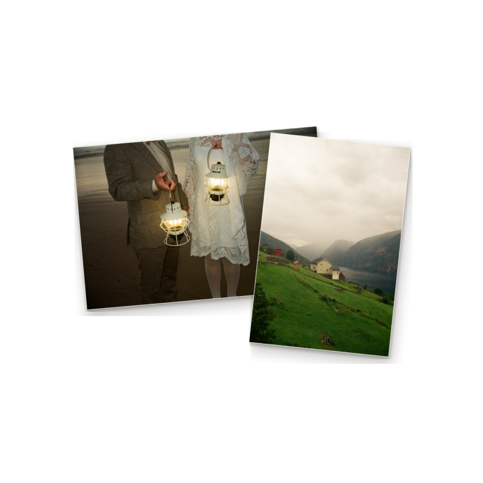 Two 4x6 prints of customer photographs lying on a white surface