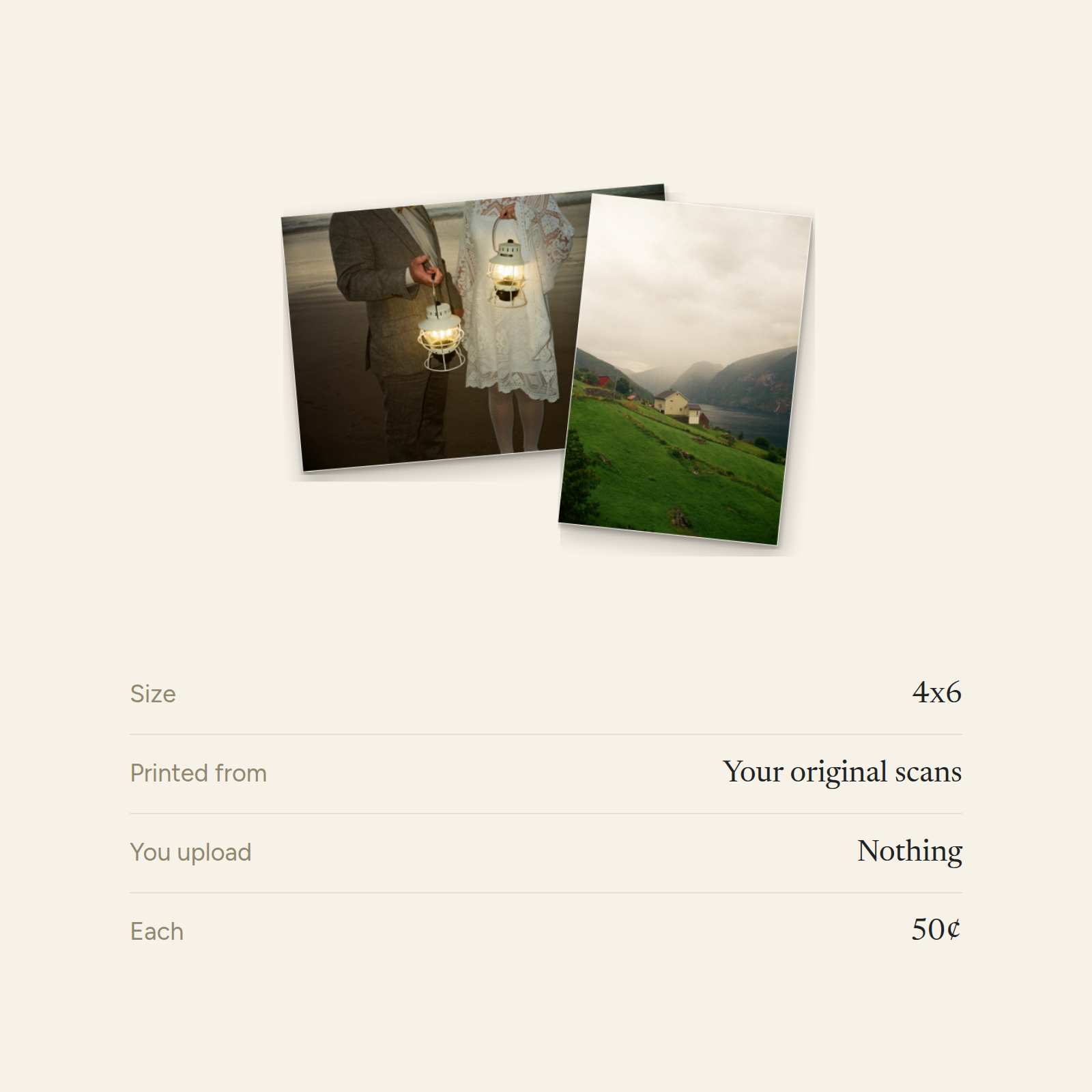 Size 4x6. Printed from your original scans. You upload nothing. 50 cents each.